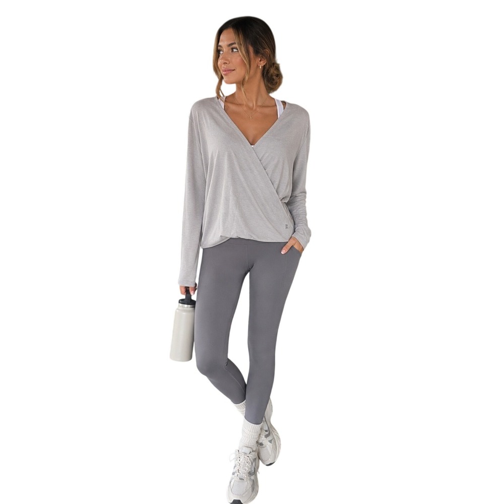 Zobha 45R Gray Long Sleeve Wrap Front Surplice V-Neck Athleisure Top Size S